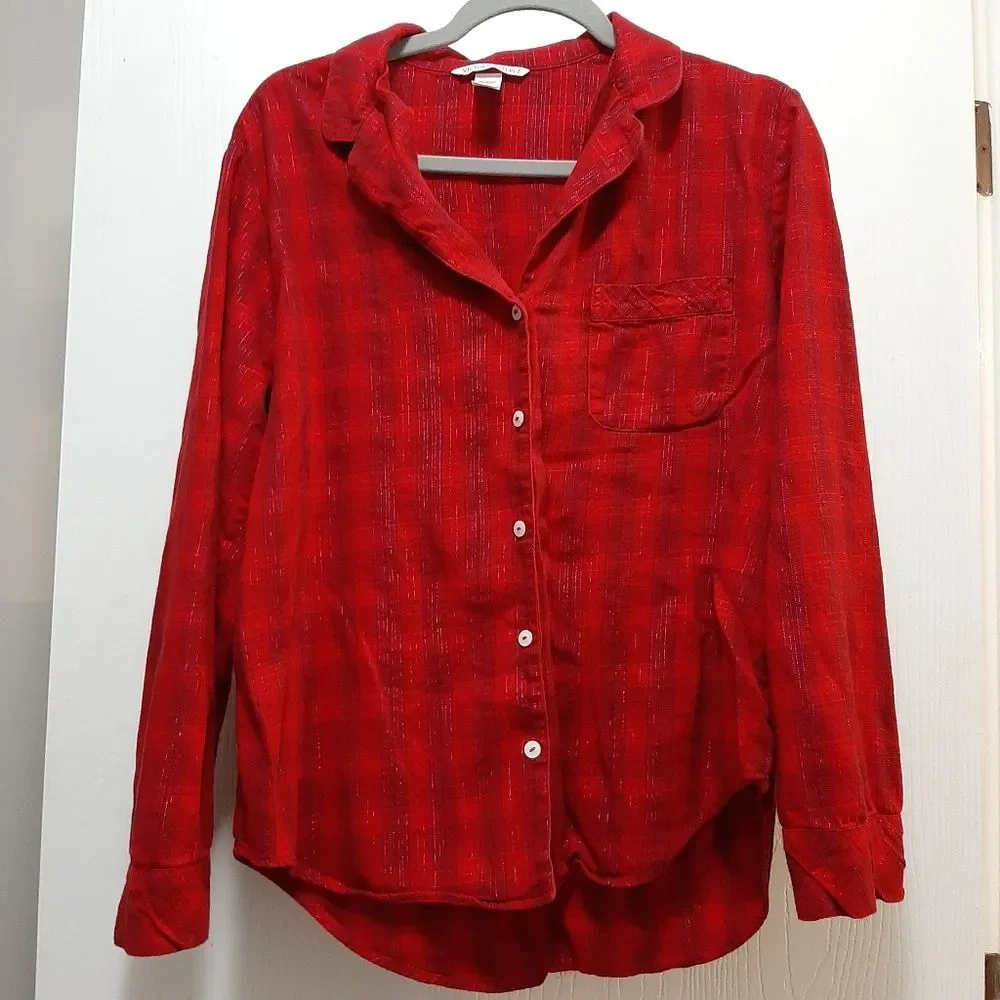VICTORIA'S SECRET Red Black Pajama Tops Checker Button down Shirt Small